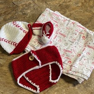 Knit baseball baby photo outfit and matching swaddle